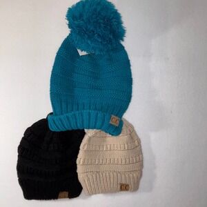 CC Beanie Women's set of 3 new hats Knit Pom Pom Beanie Blue Black Tan Winter